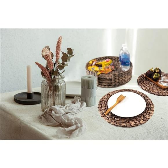 12 inches Woven Placemats Round Set of 6 with Decorative Round Holder, (Black) - Picture 2 of 7